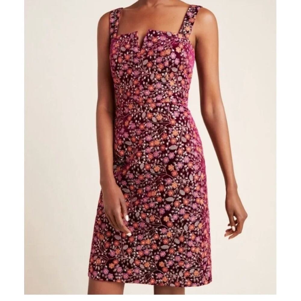 HUTCH Anthropologie Jaz Burgundy Velvet Embroidered Notch Neck Cocktail Dress 4